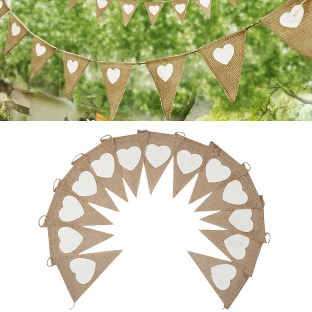 Vintage Fabric Hessian Bunting Rustic Burlap Banner Wedding Party Birthday Decor White Love Heart (Triangular Flag)