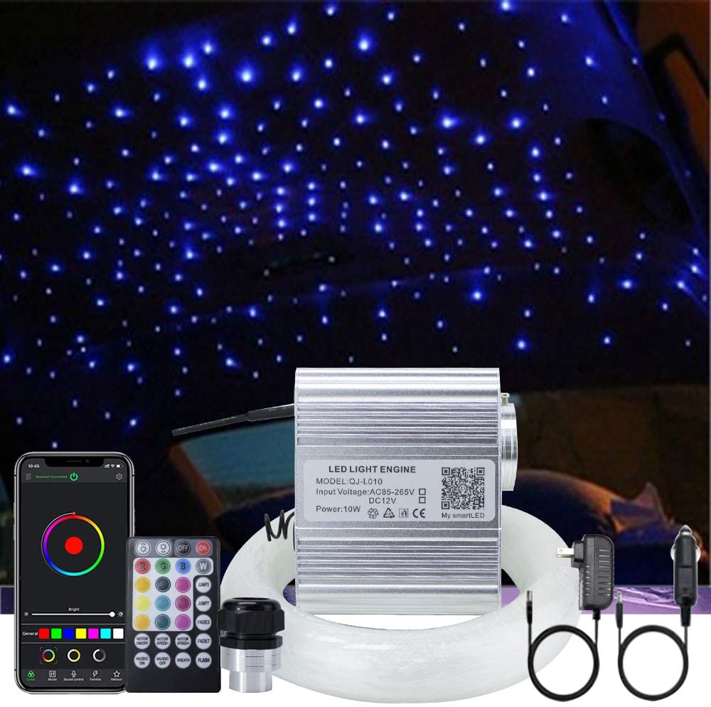 Callsky LED Fiber Optic Ceiling Light Kit, 10W Twinkle Sky Ceiling Kit Light, Adapter+Cigarette lighter, RGBW Music Activated+APP/Remote Control, 375pcs*(0.03+0.04+0.06)in*9.8ft Fiber cable DIY Lights