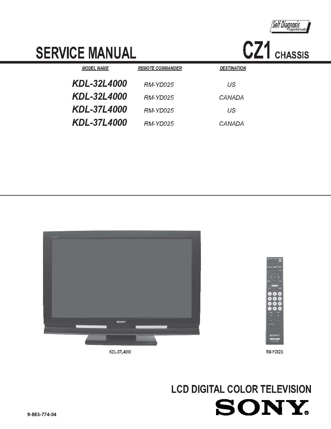 SONY KDL32L4000, KDL37L4000 Service Manual Unknown Binding – 2008