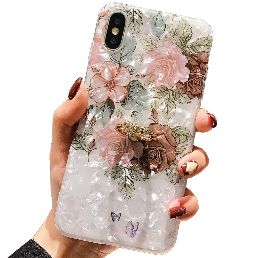 Photo 1 of Qokey Compatible with iPhone XR Case 6.1 inch,Flower Design Cute Fashion for Men Women Girls with 360 Degree Rotating Ring Kickstand Soft TPU Shockproof Cover Brown Floral