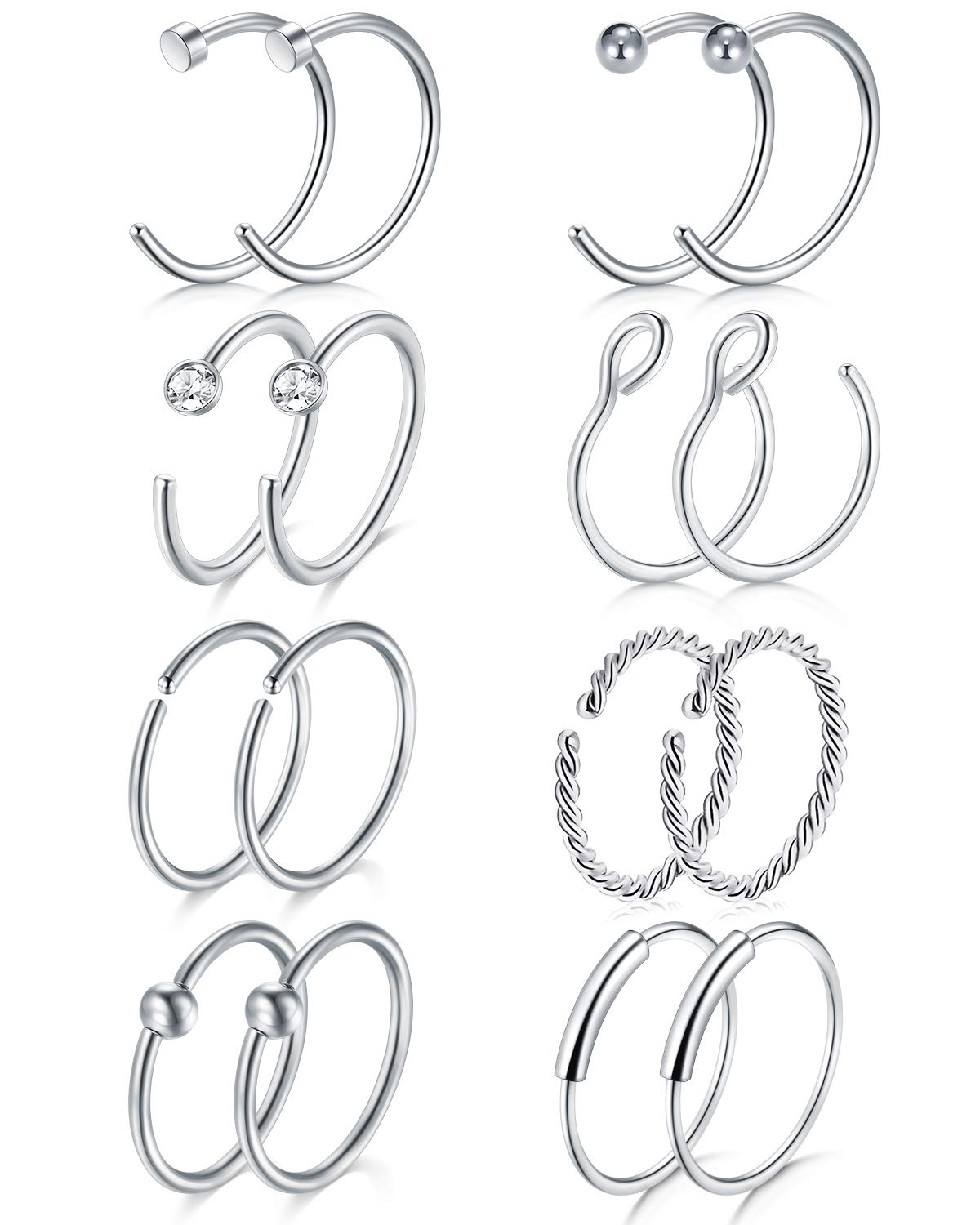 LAURITAMI Nose Studs Rings Nose Piercings Set Nose Screw Pin Thin Hoops with Bone L Shaped Opal Crystal Piercing Jewellery Surgical Steel 20G 8mm