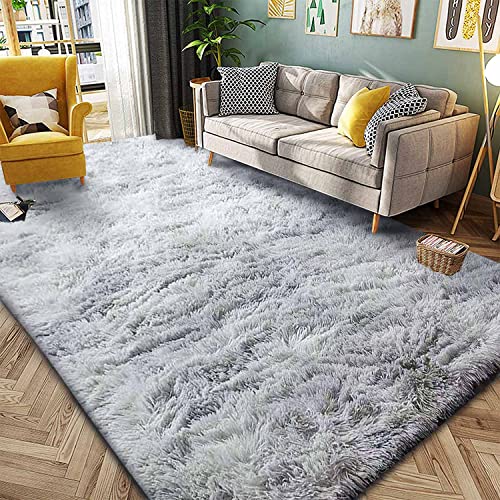ASIinnsy Living Room Rug, Long Hair, Shaggy Modern Room Carpets, Large, Grey, Non-Slip, Soft, for Bedroom, Dining Room, Plush Rug (250 x 300 cm, Grey White)