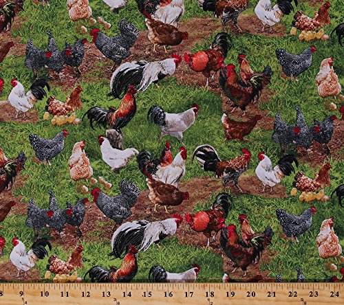 Cotton Farm Animals Chickens Roosters Hens Chicks Eggs Barnyard Fowl Birds Grass Scenic Farmyard Farming Country Cotton Fabric Print by the Yard (354-green)