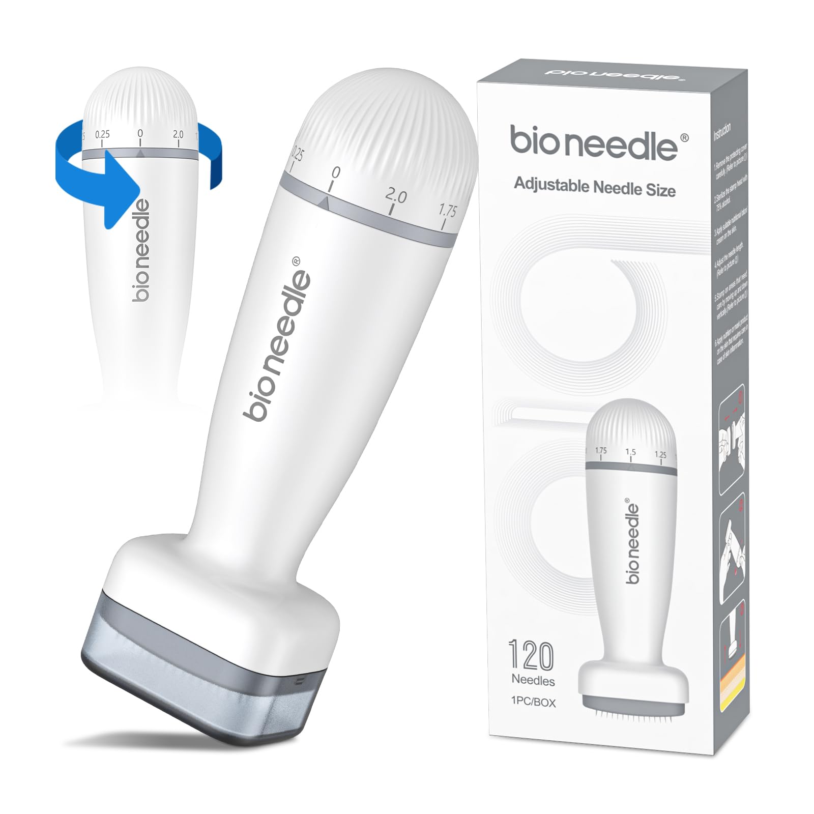 Bioneedle Derma Stamp - 120 Needles, Professional Microneedling Stamp 0-2mm Adjustable Needles for Women & Men Anti-Aging, Hair Loss, Dermastamp for Facial Care/Body/Beard/Hair Growth
