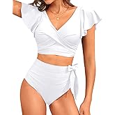 Aqua Eve Ruffle Bikini High Waisted Swimsuit - Women Two Piece Bathing Suit Tummy Control Bikini Set