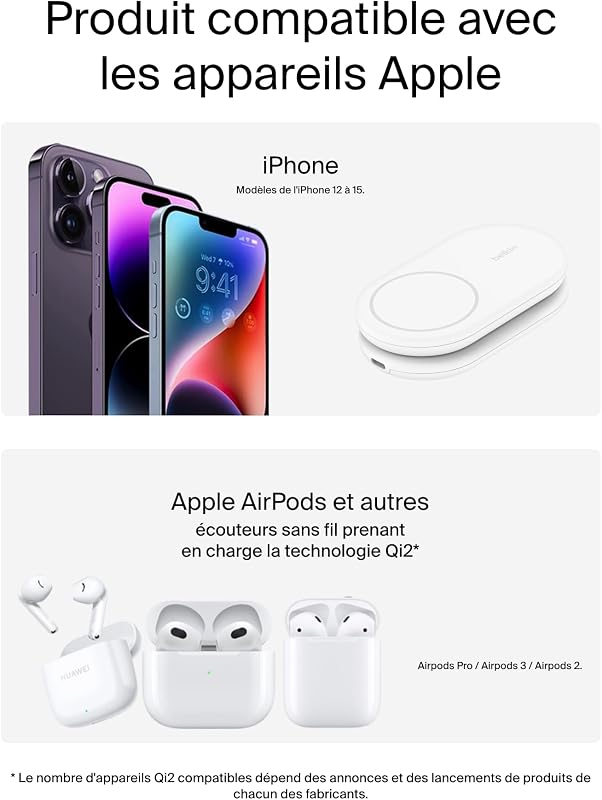 BoostCharge Socle de Recharge 2-en-1 aimanté et Pliable Qi2, 15W, Compatible MagSafe Chargeur sans Fil, Recharge Rapide, Apple iPhone 17, iPhone Air, Pixelsnap, Adaptateur Inclus - Blanc