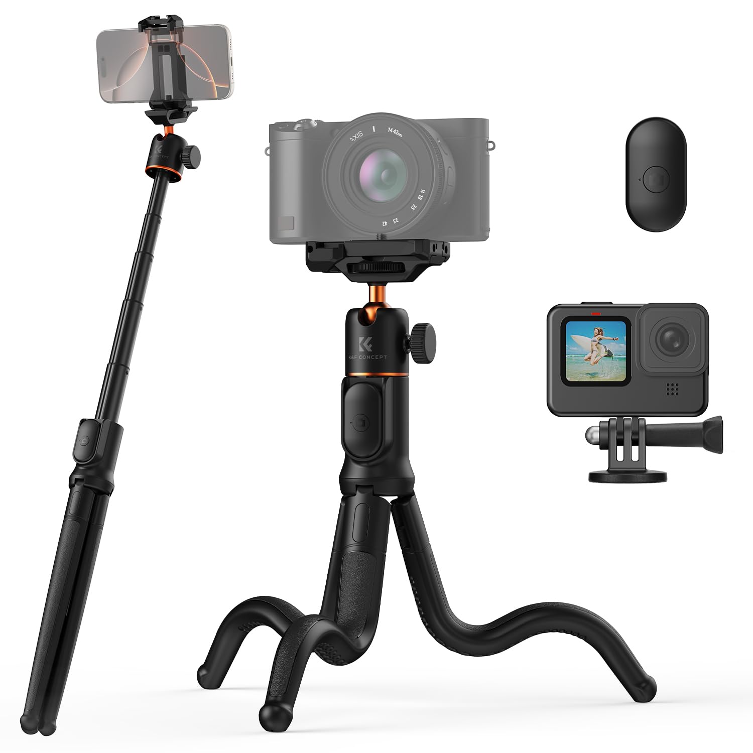 K&F CONCEPT 23.6" Extendable Flexible Tripod for Iphone, Phone Tripod for Dslr Camera with Bluetooth Remote, 3 in 1 Selfie Stick Stand with Compatible Gopro Mount