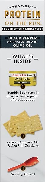 BUMBLE BEE PRIME PROTEIN ON THE RUN TUNA SNACK KIT – GOURMET TUNA MARINATED IN OLIVE OIL & BLACK PEPPER WITH CRACKERS AND SERVING UTENSIL – 19G OF PROTEIN PER SERVING