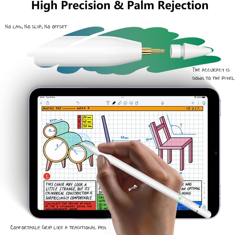 Pencil 1st Generation for iPad A16 (2018-2025): with USB C Fast Charging - Tilt and Palm Rejection - Pencil for iPad 11/10/9/8/7/6 - Air 3/4/5/M2/M3 - Mini 5~7 - Pro 11"/12.9"/M4