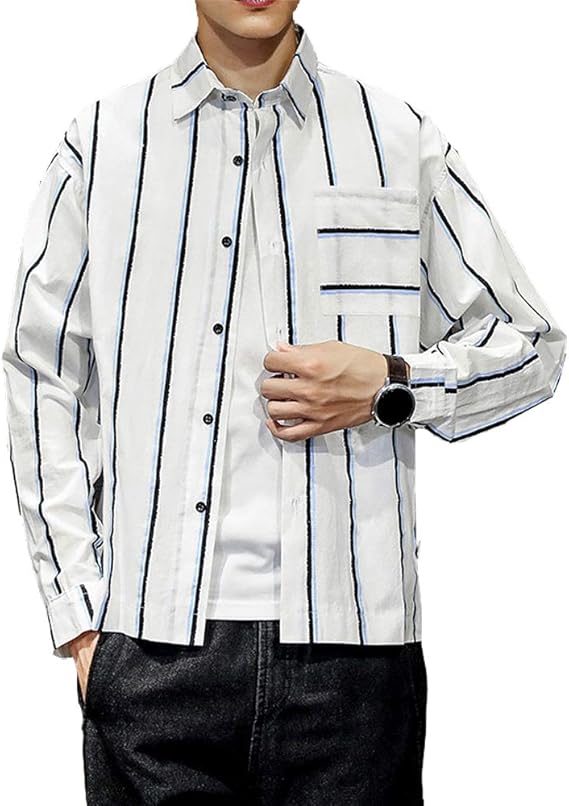 Amazon Masvis 在庫整理セール シャツ メンズ カジュアルシャツ ストライプ ワイシャツ 七分袖 長袖 綿 ボタンアップ ビジネス トップス 開襟シャツ 春 夏 秋 M 5xl シャツ 通販