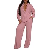 TodTan Two Piece Sets for Women Long Sleeve Button Down Shirt Wide Leg Pants Casual Vacation Outfits Loungewear Tracksuit