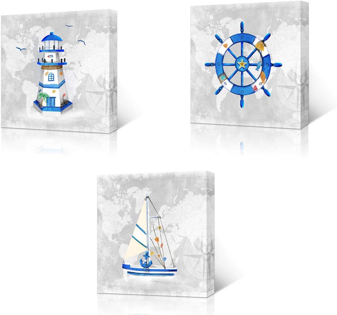 Sailboat Lighthouse Wall Art Nautical Painting Giclee Canvas Prints Framed Ready to Hang 16x16inchx3 Panels