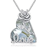 PELOVNY Rose Lotus Compass Necklace 925 Sterling Silver Opal Crystal Lily Moss Agate Necklace Flower Jewelry Anniversary Graduation Gifts for Women Mom Girlfriend Her