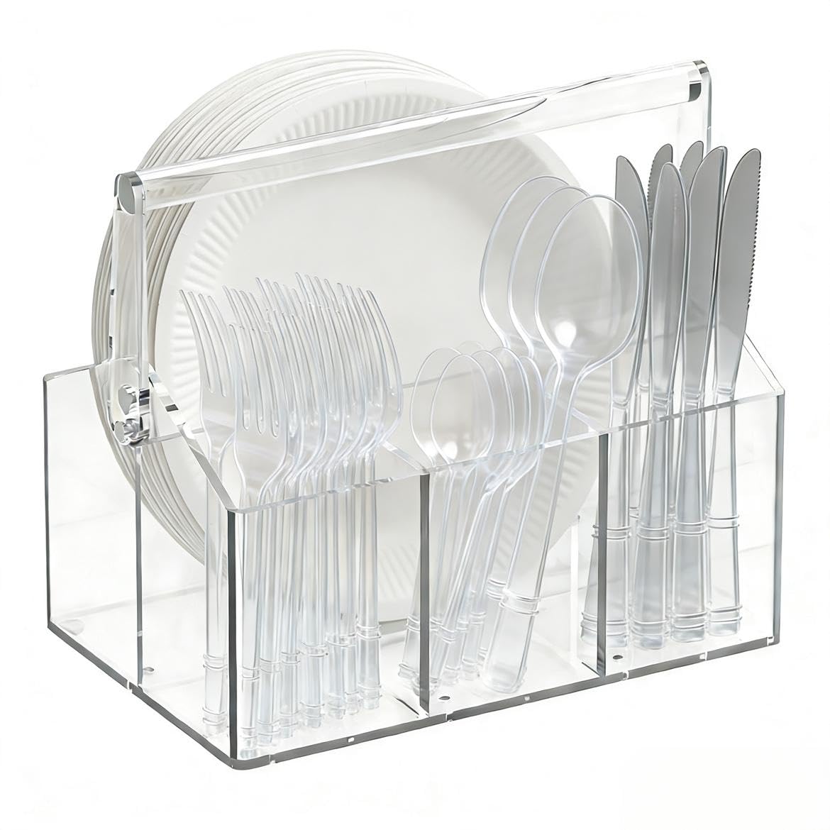 Photo 1 of **HANDLE BROKEN** Chivalral Acrylic Utensil Holder & Paper Plate Holders -Clear Space-Saving Cutlery Caddy and Silverware Organizer for Kitchen, Table, Buffet, Party, Picnic, Camping Indoor Outdoor Use