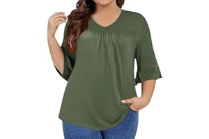 DBOWMN Summer Women Shirts Plus Size Ruffle 3/4 Sleeve Tops V Neck 3/4 Length Sleeve Pleated Solid Color Tunic Tees Blouses
