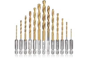 Mesee 13 Piece Titanium HSS Twist Drill Bits, Metal Power Tools Drill, HSS Hex Shank Impact Drill Bit Set, 1/4 Inch Hex Shank