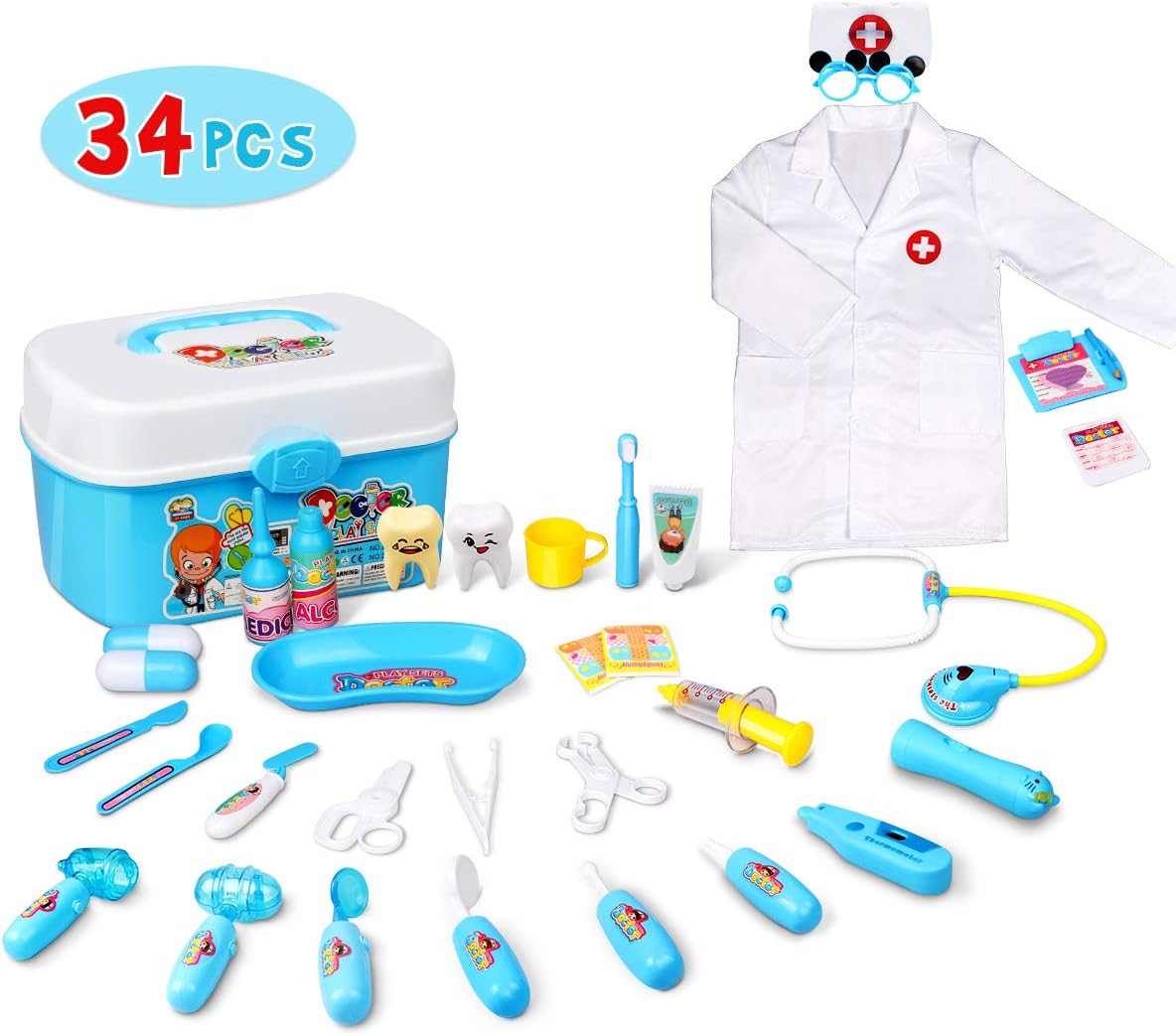 Lydaz Doctor Kit for Kids, 34 Pcs Pretend Play Kids Medical Kit Toys with Roleplay Costume for Boys Girls Toddlers Age 3 Years and Up