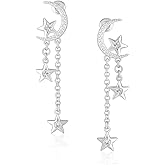 MESOVOR Moon Star Dangle Earrings, 16K Gold Plated Drop Tassel | Sparkling Zirconia Asymmetrical Earrings for Women