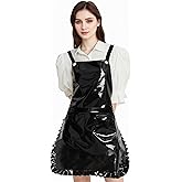 MIKI WELL Glossy Cute Ruffled Apron, Lace-Up Model with Two Pockets, Vinyl Apron for Artists and Barbers, Waterproof