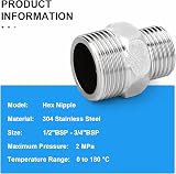 ERGAOBOY 2 Pcs Stainless Steel 304 BSP Reducing Hex Nipple 3/4" x 1/2" view 4