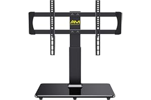 AM ALPHAMOUNT Universal TV Stand for 32-75,80 Inch LCD/LED/OLED TVs, Tabletop TV Stand Base Holds up to 99lbs with VESA up to 600x400mm, Height Adjustable TV Stand Mount with Tempered Glass -APTVS07