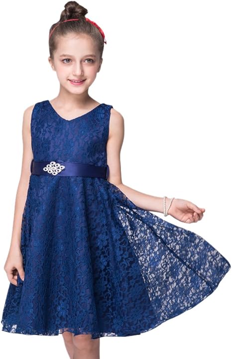 Amazon Co Jp Eleitchtee 子どもドレス 発表会 女の子ワンピース フォーマルワンピース レースドレス コンクール子供服 ガールズ リボン付き 018 Xabh L0 150 ダークブルー ホビー