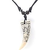 Scddboy Wolf Tooth Pendant Necklace for Men Women with Handmade Wood Adjustable Black Cord