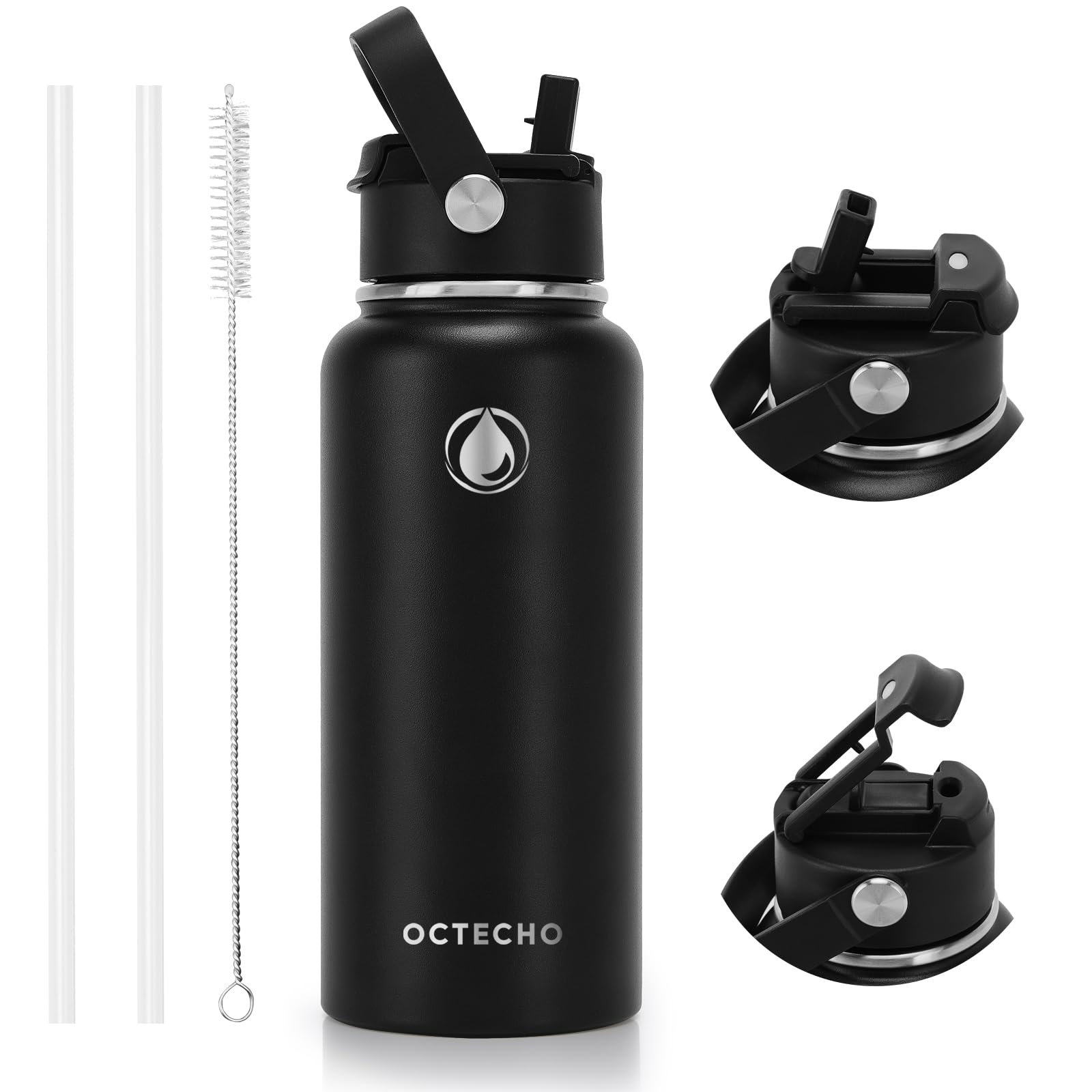 OcTecho Insulated Water Bottle 950ml,Stainless Steel Water Bottle with Straw, 2-in-1 Leakproof Lid, Double Vacuum Metal Bottle for 12h Hot & 24h Cold Drinks, BPA Free-Black