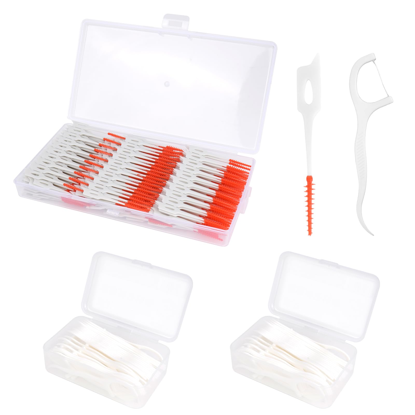 Adorila 300 Pack Silicone Interdental Brushes with 100 Dental Floss Picks, Disposable Dental Toothpicks Brush Between Teeth, Dental Picks for Teeth Cleaning (Orange)