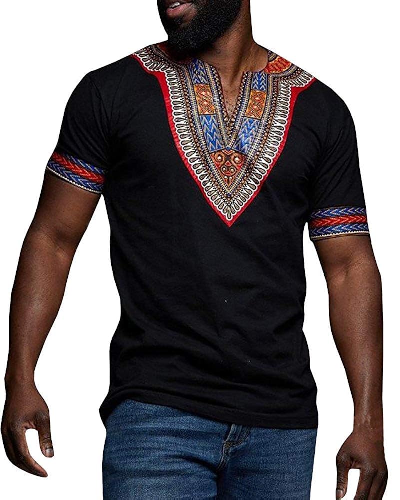 Mens Dashiki African Shirt Casual Short Sleeve T Shirt Tribal Print Tee