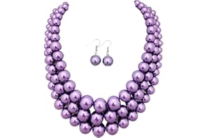 FASHION 21 Women's Simulated Faux Three Multi-Strand Pearl Statement Necklace and Earrings Set