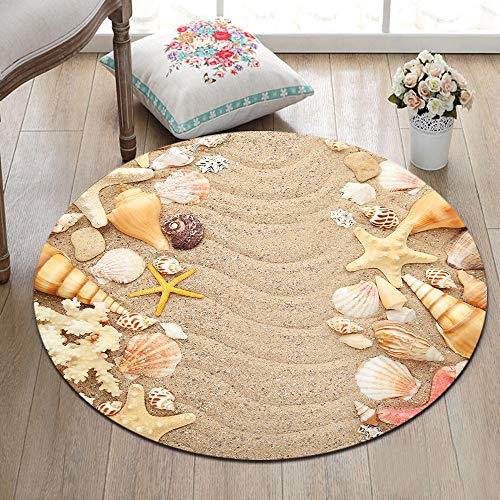 Beach Theme Area Rugs, Seashells and Starfishes NonSlip Round Rug, Washable Living Room Bedroom