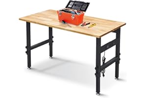 BMJX US Adjustable Work Bench, 47.5 x 23.6 Workbench for Garage with Power Outlet, 2200LBS Load Capacity Hardwood Oak Top Heavy-Duty Work Table for Garage, Workshop, Home, Office, Easy Assembly