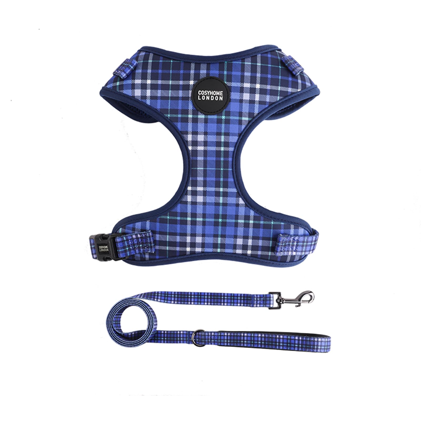COSYHOME LONDON Dog Harness No Pull Pet Harness, Adjustable Dog Vest for Easy Walking, Breathable soft cotton Material for Small Medium Breed Dogs (M, Blue checked)