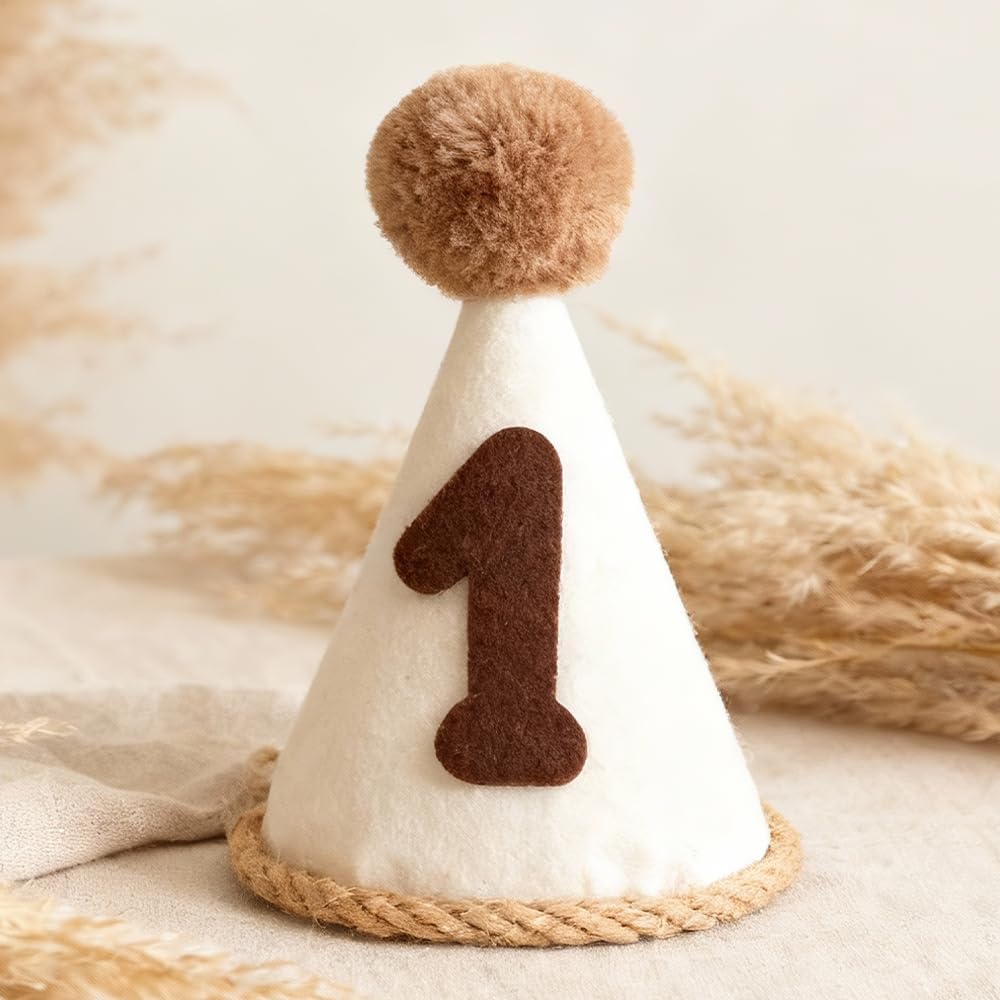 HSC 1st Birthday Decorations for Girls Boys, 1st Birthday Hat, First Birthday Hat Felt Cone Party Hat for Baby Shower 1 Year Old Baby Celebration Decorations