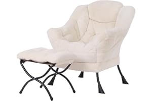 Welnow Lazy Chair with Ottoman, Modern Lounge Accent Chair with Armrests and a Side Pocket, Leisure Sofa Chair, Reading Chair with Footrest for Small Space, Corner Chair, Plush Beige