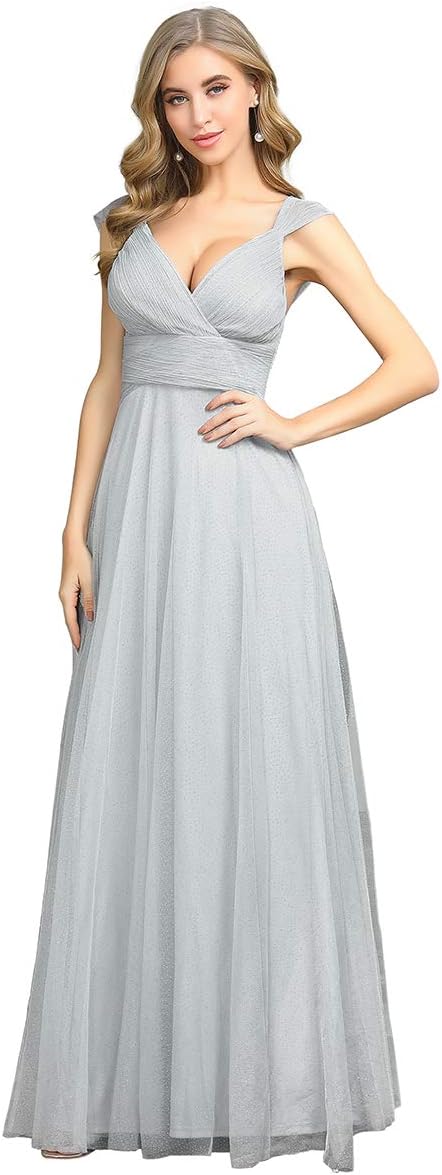 Women's Elegant V Neck Floor Length Empire Waist A Line Tulle with Glitter Long Bridesmaid Dresses 07905