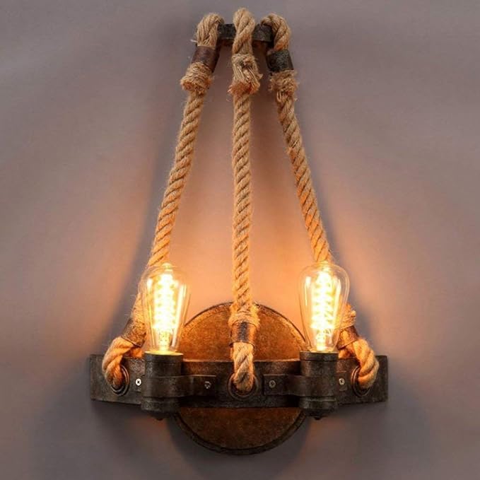 2 luces American Village Hierro Lámpara de pared de cuerda de cáñamo