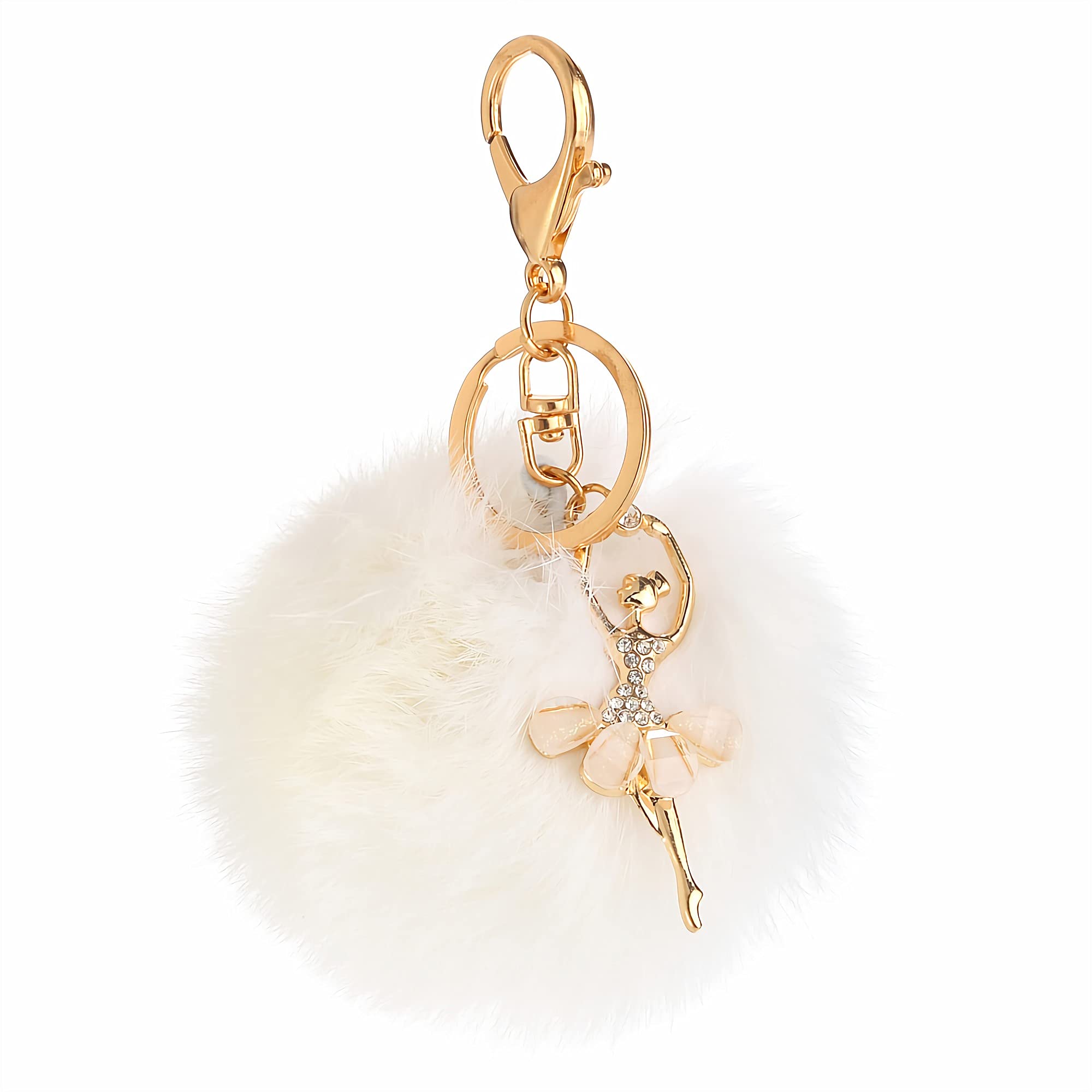 Shining crown Pom Pom Keychain Dancing Angel Fluffy Fur Ball Keyring Pendant Accessory Charm for Women Handbag Car Key with Giftbox, White