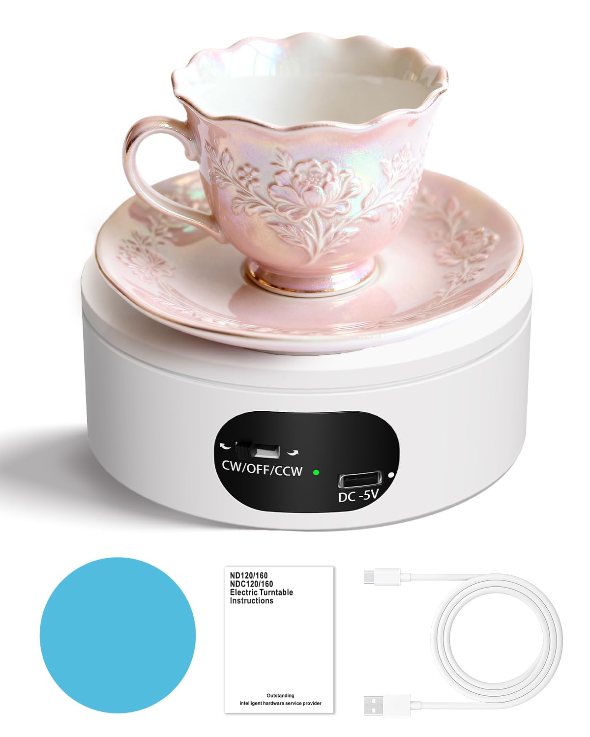 MYMULIKE Motorized Rotating Display Stand, Electric Rotating Turntable with PVC Backdrop, 4.72inch/12cm 360° rotation, Noiseless Automatic USB Revolving Platform to Display Jewelry, Watch