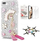 STENES Bling Case Compatible with iPhone 7 Plus/iPhone 8 Plus - Stylish - 3D Handmade [Sparkle Series] Pink Fan Tassel Flowers Design Cover with Screen Protector [2 Pack] - White