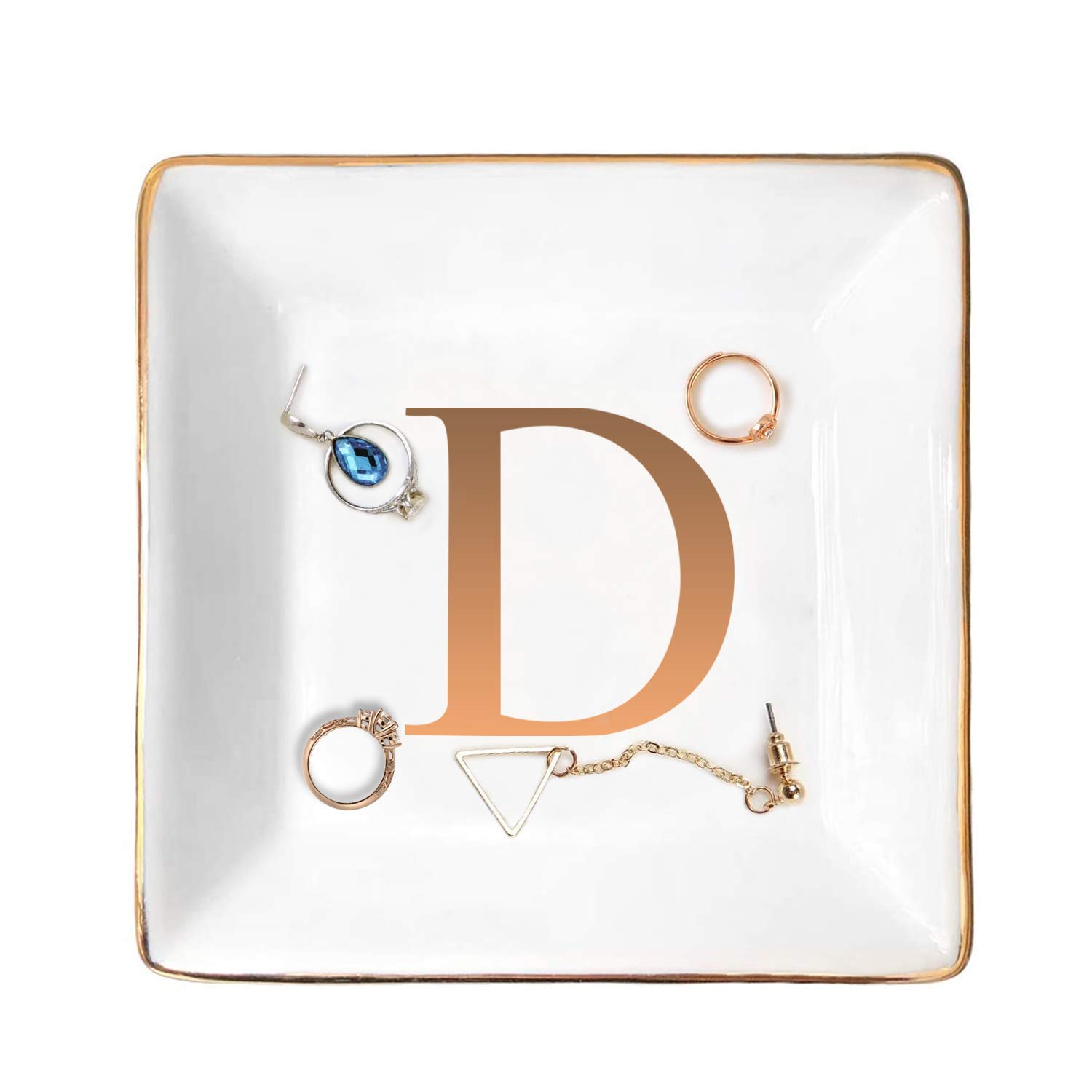 ANOTION Jewelry Tray Ring Dish with Ini-tial Gift- Personalized Trinket Dish and Jewelry Dish with Gold Initials Key Bowl Ceramic Holder, Unique Wedding or Engagement Present