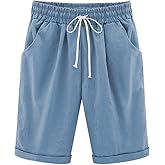 Vcansion Women's Elastic Waist Knee Length Casual Cotton Bermuda Shorts with Drawstring