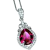 Ruby Necklace - Sterling Silver Teardrop Ruby Pendant - Diamond Petal Pear Cut Red Gemstone 2 Ct -18kgp White gold coated - July Birthstone