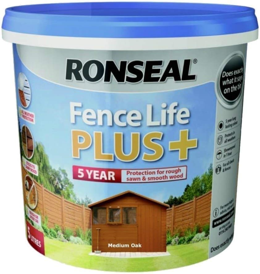 Ronseal RSLFLPPMO5L 5 Litre Fence Life Plus Paint - Medium Oak, 5 l (Pack of 1)