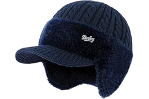 Wonbauw Blocking Knitted Hats with Ear Flaps and Wool Brim, Fur-Lined Warm Stylish Baseball Beanie for Men Blue