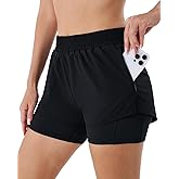 Women 2 in 1 Running Shorts Yoga Fitness Bodybuilding High Waisted Gym Shorts with Zipper Pockets