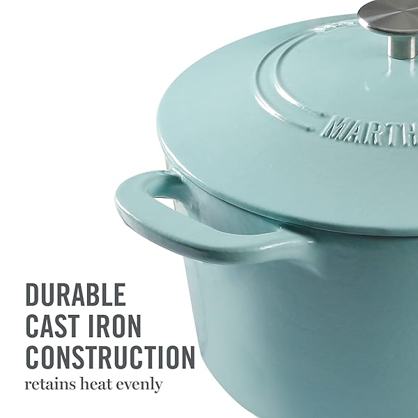 MARTHA STEWART GATWICK 7-QUART ENAMEL CAST IRON DUTCH OVEN – MARTHA BLUE – DURABLE HEAVY-DUTY DUTCH OVEN FOR SLOW COOKING, BRAISING & BAKING