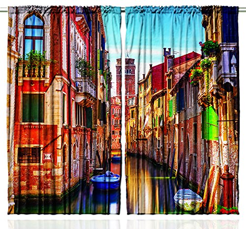Mediterranean Postcard View Italy Venice Exquisite Antique Buildings Canals Gondolas Venetian Decor Valentines Romance Bedroom Living Room Curtain 2 Panels Set, Red Brown Navy Turquoise Yellow Green