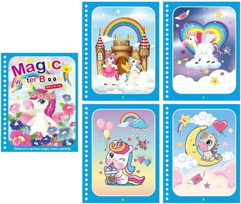DMG 4 Pack Cartoon Water Coloring Magic Book With Water Pen, Toddlers Kids Reusable Painting Unicorn Animal Cartoon Coloring Book Boys Girls Educational Learning Toys Gifts